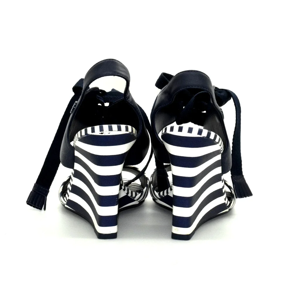 B0 Auth TORY BURCH Navy & White Striped Leather Maritime Wedge Sandals Size 6.5M